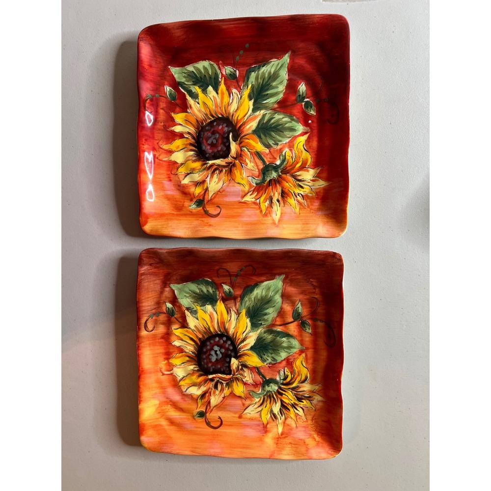 Maxcera Sunset Sunflower Hand Painted Square Salad Plates Set of 2 Orange Red